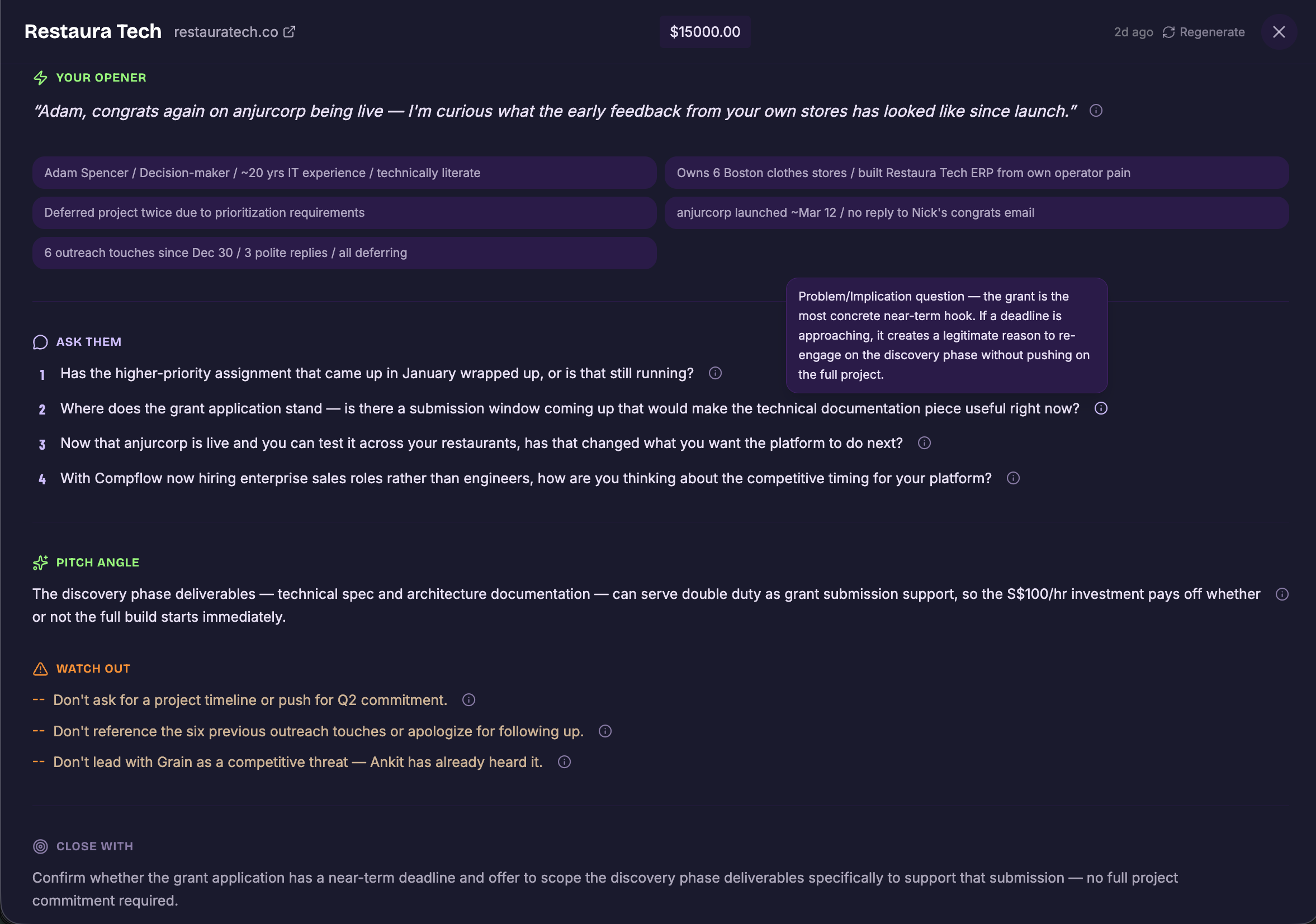 Call Prep cheat sheet showing opener, key facts, discovery questions, pitch angle, watch-outs, and close-with sections