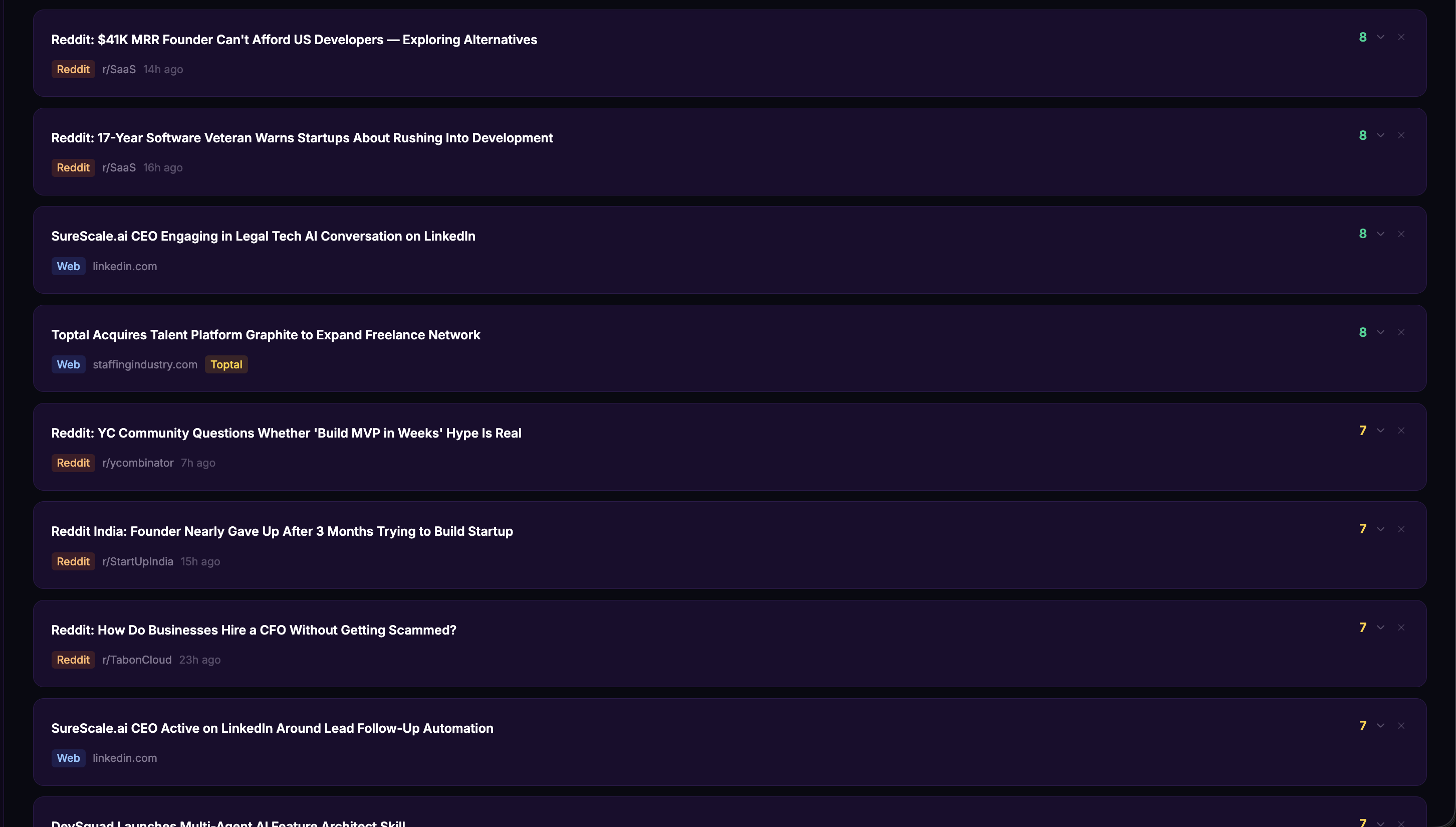 Insights dashboard card list showing findings from Reddit, web, and X