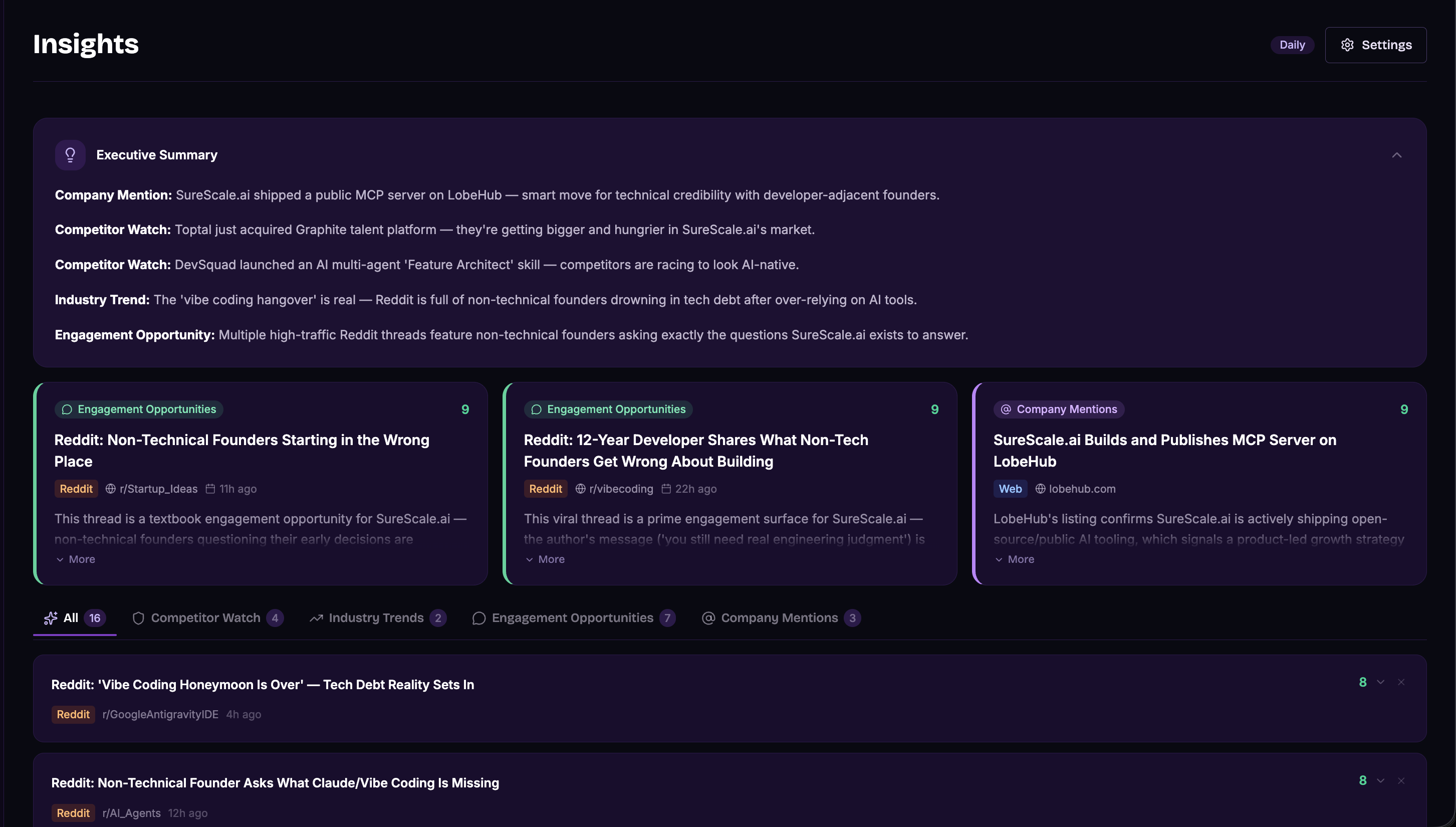 Insights dashboard with featured cards and category tabs