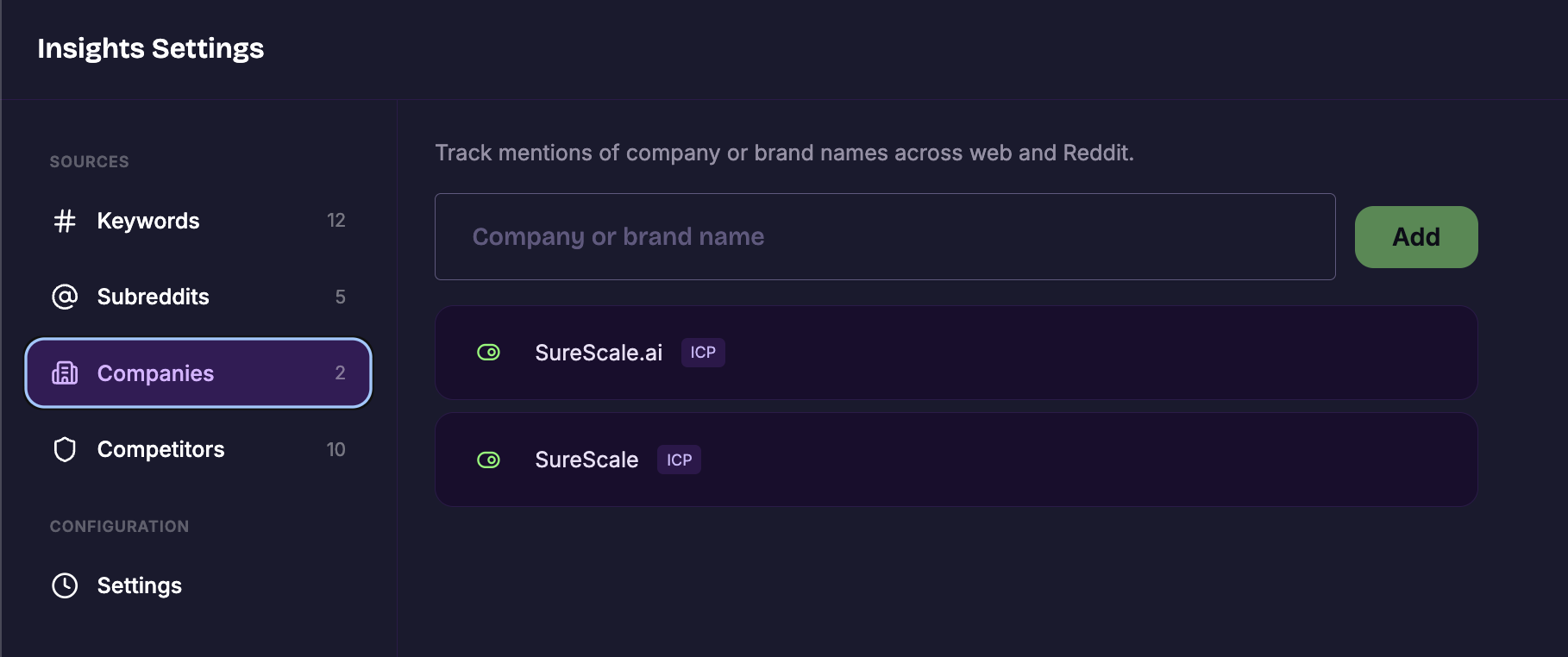 Insights Settings showing tracked company names