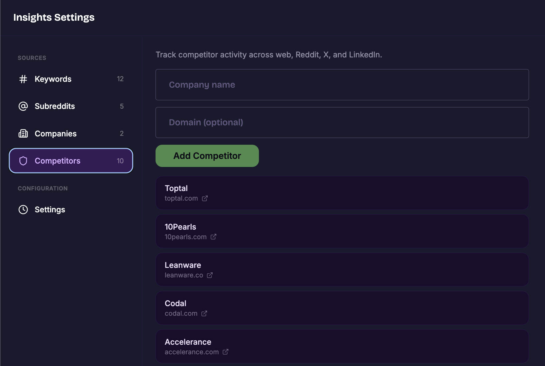 Insights Settings showing tracked competitors with their domains