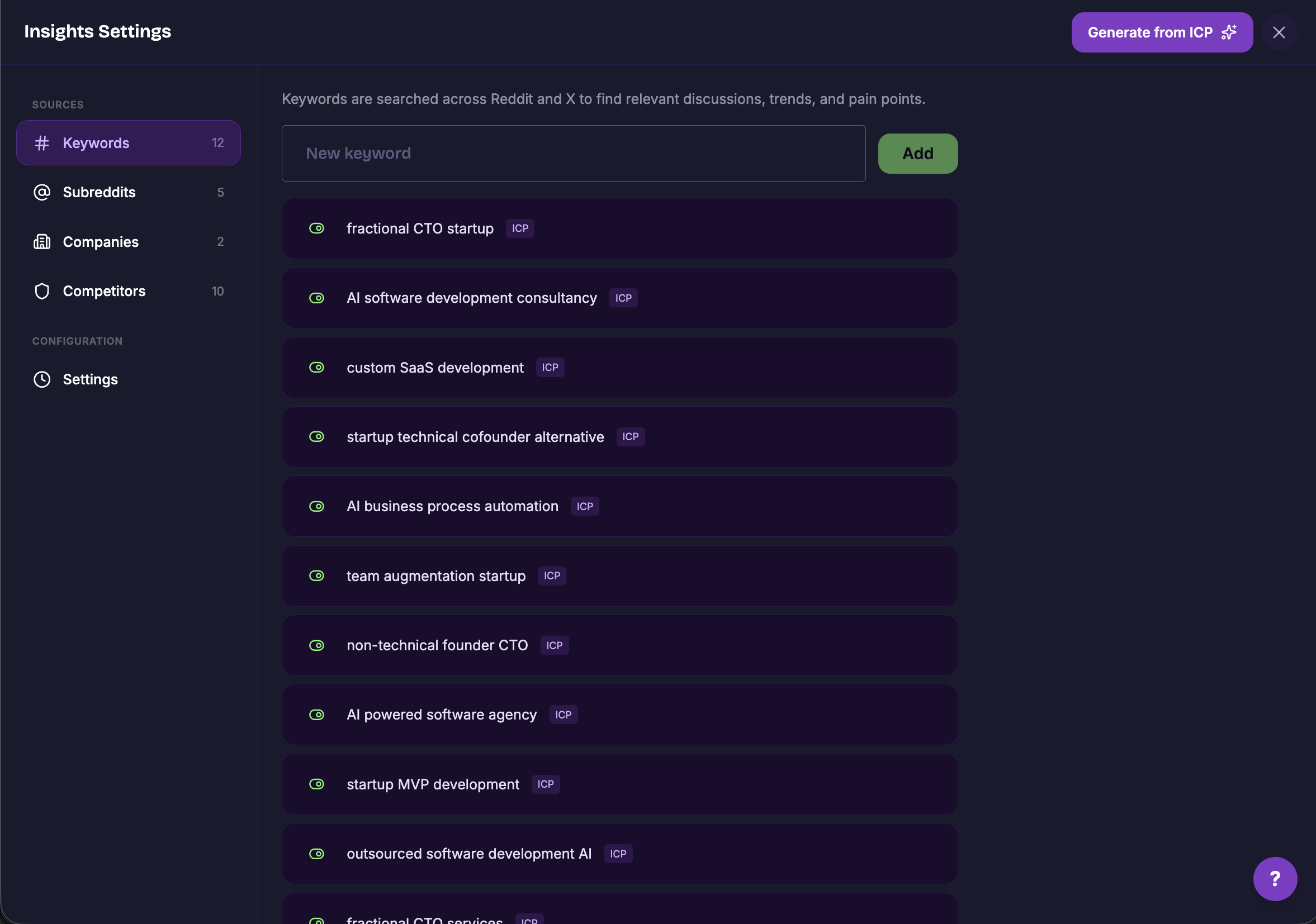 Insights Settings showing configured keywords with ICP-generated tags