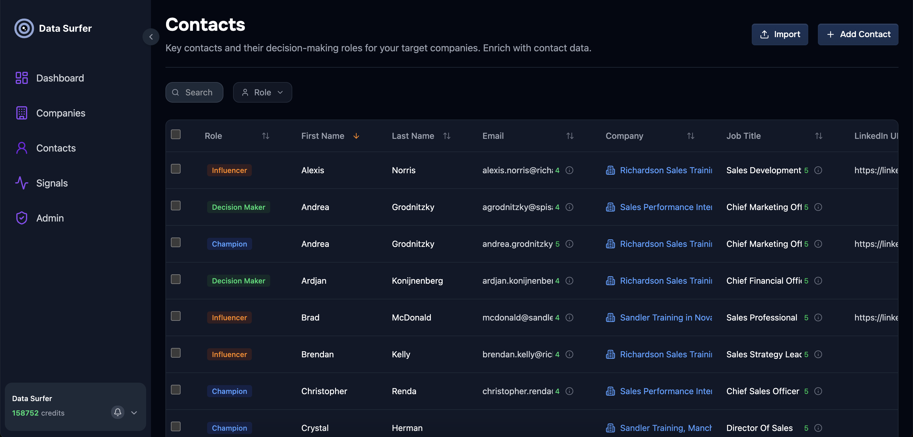 Data Surfer Contacts Interface